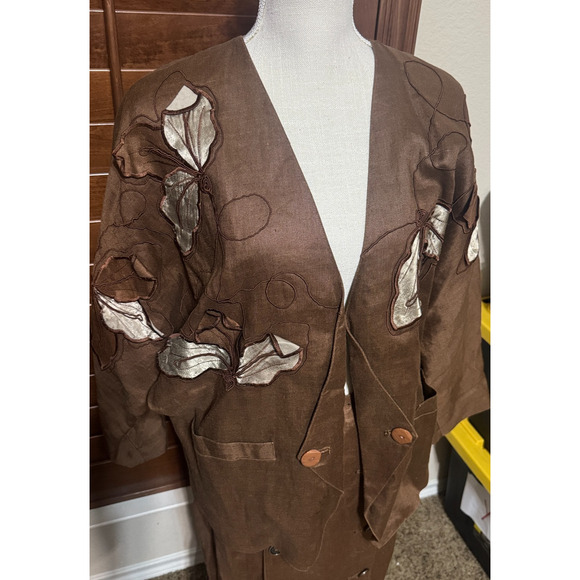 VTG 90s Linen Skirt Suit chocolate brown Church First Lady embroidered long sz L - Picture 2 of 9